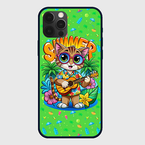 Чехол iPhone 12 Pro Кот играет на гитаре летом / 3D-Черный – фото 1