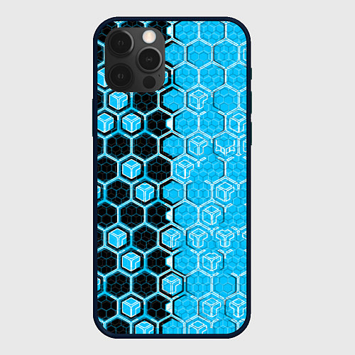 Чехол iPhone 12 Pro Техно-киберпанк шестиугольники голубой и чёрный / 3D-Черный – фото 1