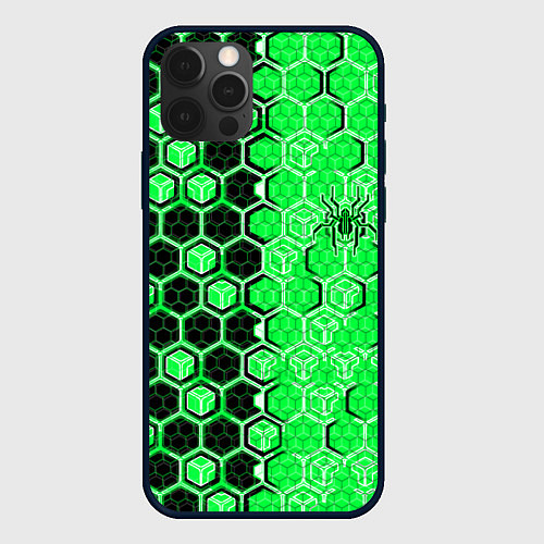 Чехол iPhone 12 Pro Техно-киберпанк шестиугольники зелёный и чёрный с / 3D-Черный – фото 1