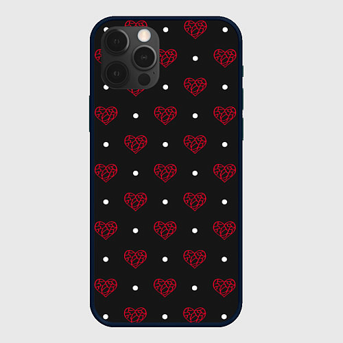 Чехол iPhone 12 Pro Красные сердечки и белые точки на черном / 3D-Черный – фото 1