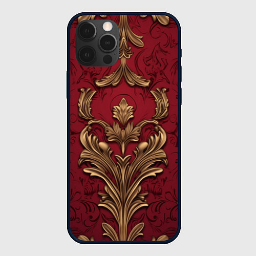 Чехол iPhone 12 Pro Объемный золотой узор лепнины на красном текстурно / 3D-Черный – фото 1