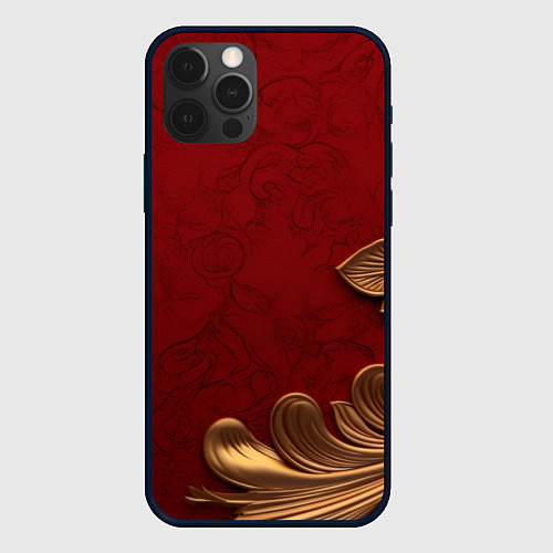 Чехол iPhone 12 Pro Объемный золотой лист на красном текстурном фоне / 3D-Черный – фото 1