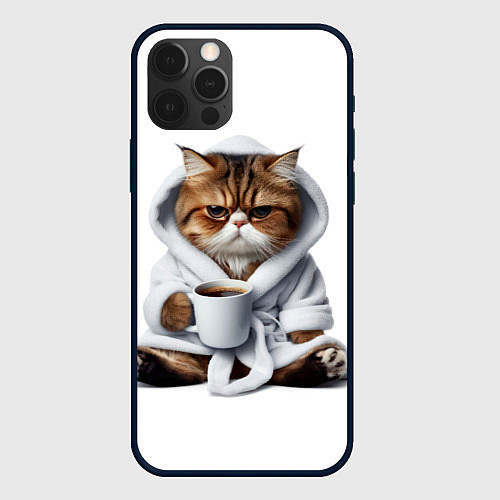 Чехол iPhone 12 Pro Котик в халате и кофе / 3D-Черный – фото 1