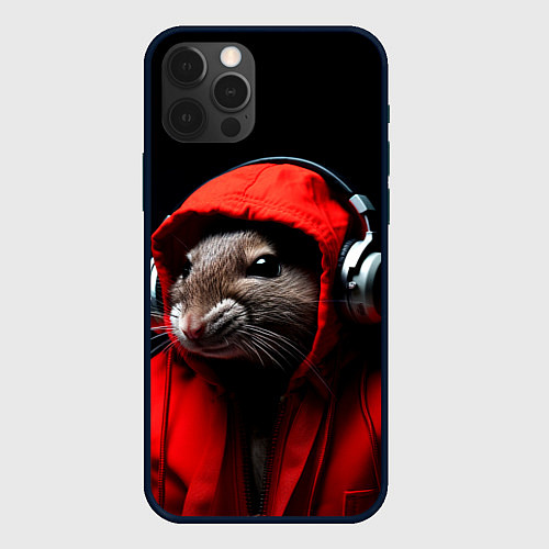 Чехол iPhone 12 Pro Крыса диджей в наушниках и капюшоне / 3D-Черный – фото 1