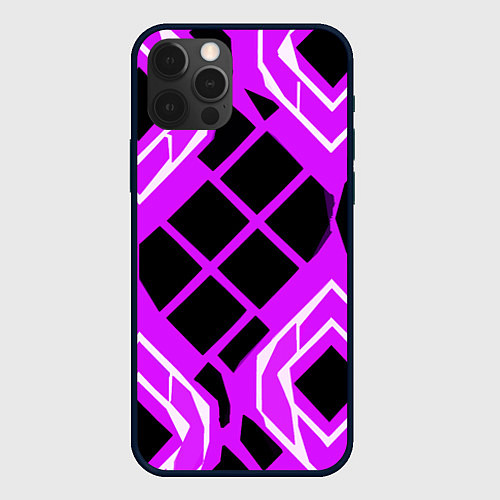 Чехол iPhone 12 Pro Чёрные квадраты и белые полосы на фиолетовом фоне / 3D-Черный – фото 1
