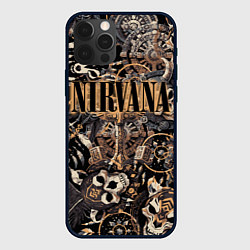 Чехол iPhone 12 Pro Nirvana на фоне масок викингов рун и воронов