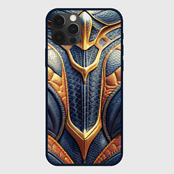 Чехол для iPhone 12 Pro Темная кожаная броня с желтой оплеткой, цвет: 3D-черный