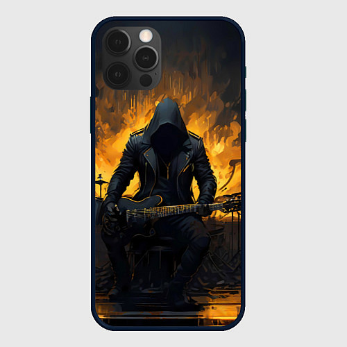 Чехол iPhone 12 Pro Гитарист играющий в пламени / 3D-Черный – фото 1