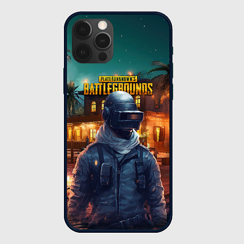 Чехол iPhone 12 Pro PUBG персонаж в городе / 3D-Черный – фото 1