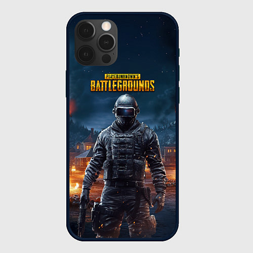 Чехол iPhone 12 Pro PUBG персонаж в ночном городе / 3D-Черный – фото 1