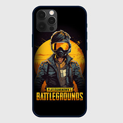 Чехол iPhone 12 Pro PUBG игрок на закате черный фон