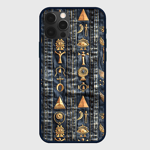 Чехол iPhone 12 Pro Египетские символы на дениме / 3D-Черный – фото 1