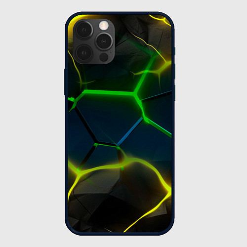 Чехол iPhone 12 Pro Неоновые яркие зеленые плиты с желтым светом / 3D-Черный – фото 1
