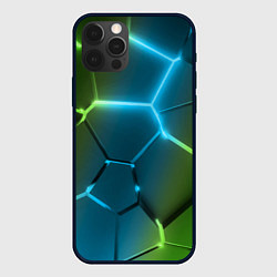 Чехол для iPhone 12 Pro Сине-зеленые неоновые плиты в разломе, цвет: 3D-черный