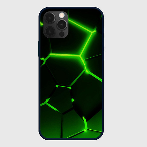 Чехол iPhone 12 Pro Темные зеленые неоновые плиты в разломе / 3D-Черный – фото 1
