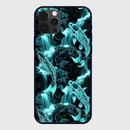 Чехол iPhone 12 Pro Карпы кои и водопад - бирюзовый неон / 3D-Черный – фото 1