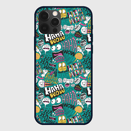 Чехол iPhone 12 Pro Ха-ха ничего себе - паттерн с рожицами / 3D-Черный – фото 1