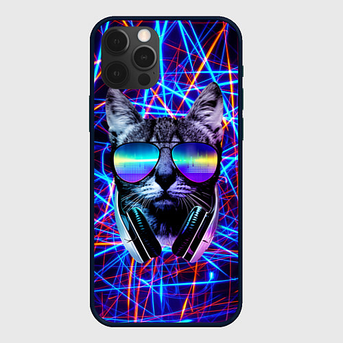 Чехол iPhone 12 Pro Cat DJ neon / 3D-Черный – фото 1