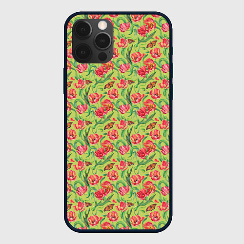Чехол iPhone 12 Pro Тюльпаны и бабочки / 3D-Черный – фото 1