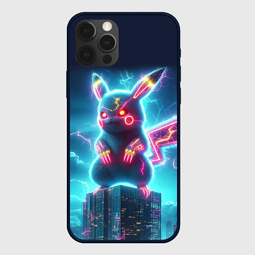 Чехол iPhone 12 Pro Пикадзила на крыше небоскрёба - неоновое свечение: / 3D-Черный – фото 1