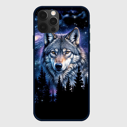 Чехол iPhone 12 Pro Волк и черный лес - звездная ночь - галактика / 3D-Черный – фото 1
