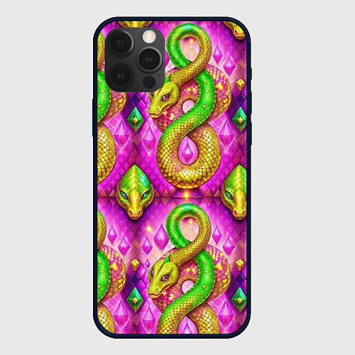 Чехол iPhone 12 Pro Желто-зеленые змеи паттерн / 3D-Черный – фото 1