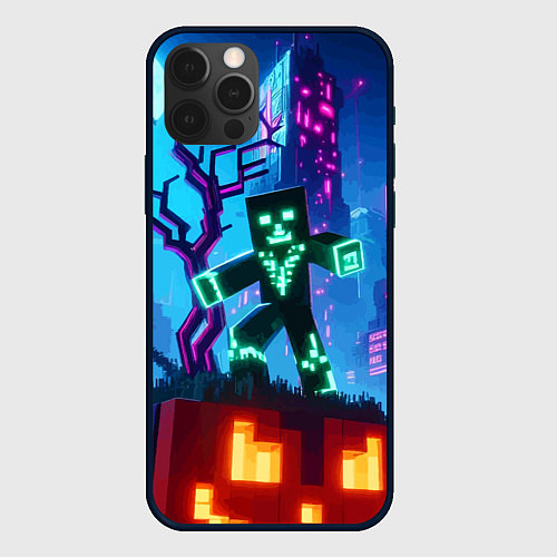 Чехол iPhone 12 Pro Minecraft and halloween - neon glow / 3D-Черный – фото 1