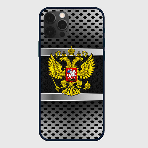 Чехол iPhone 12 Pro Герб РФ текстура карбон / 3D-Черный – фото 1