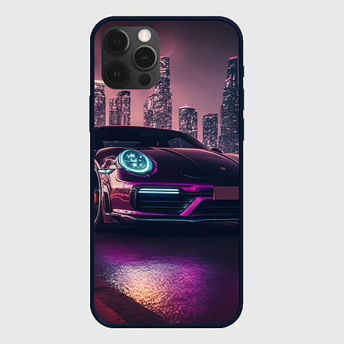 Чехол iPhone 12 Pro Porshe ночной город / 3D-Черный – фото 1