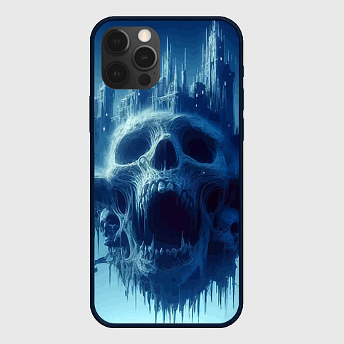 Чехол iPhone 12 Pro Фантастический череп и сказочный город под луной / 3D-Черный – фото 1