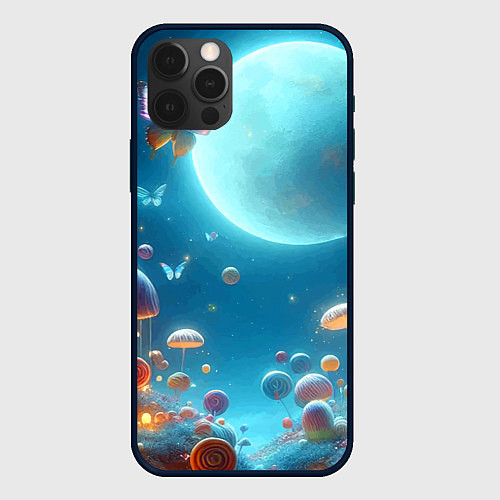 Чехол iPhone 12 Pro Сказочные грибы и бабочки под луной - фантазия / 3D-Черный – фото 1