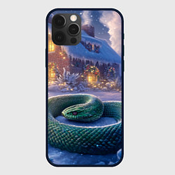 Чехол для iPhone 12 Pro Большая змея на фоне новогоднего дома, цвет: 3D-черный