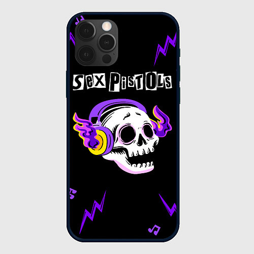 Чехол iPhone 12 Pro Sex Pistols неоновый череп / 3D-Черный – фото 1