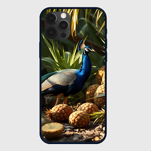 Чехол iPhone 12 Pro Павлин стоящий рядом с ананасами / 3D-Черный – фото 1