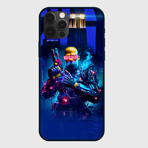 Чехол iPhone 12 Pro Homer Simpson with a pistol - cyberpunk / 3D-Черный – фото 1