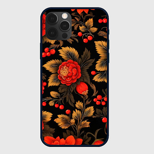 Чехол iPhone 12 Pro Русская хохлома, цветы, паттерн / 3D-Черный – фото 1