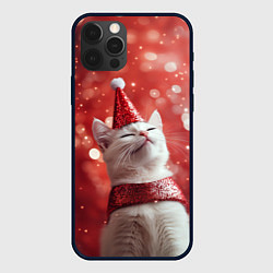 Чехол для iPhone 12 Pro Новогодняя довольный котик, цвет: 3D-черный