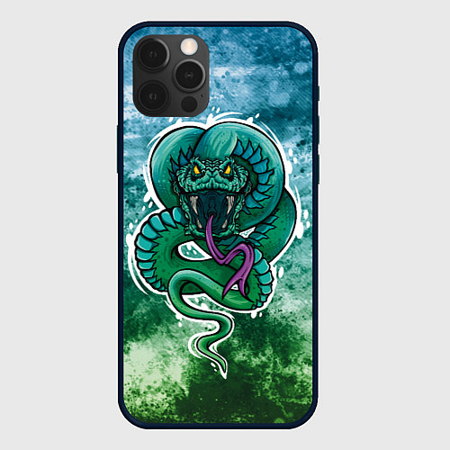 Чехол iPhone 12 Pro Агрессивная зеленая змея на абстрактном фоне / 3D-Черный – фото 1
