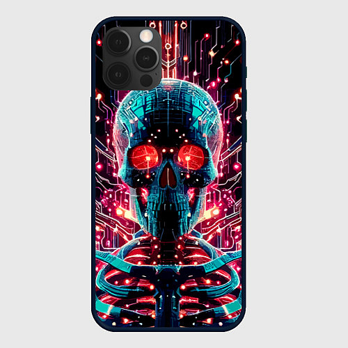 Чехол iPhone 12 Pro Neon cyber skull - ai art fantasy / 3D-Черный – фото 1