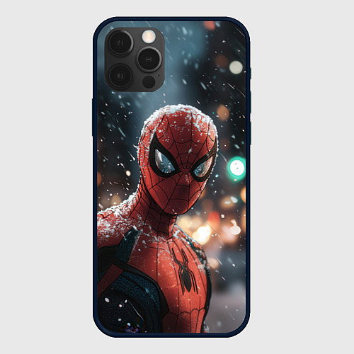 Чехол iPhone 12 Pro Spider man на фоне снегопада / 3D-Черный – фото 1