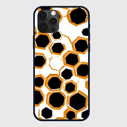 Чехол iPhone 12 Pro Чёрно-жёлтые шестиугольники на белом фоне / 3D-Черный – фото 1