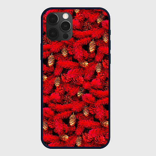 Чехол iPhone 12 Pro Красная елка с золотыми шишками / 3D-Черный – фото 1