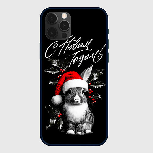 Чехол iPhone 12 Pro Милый кролик в шапке Деда Мороза / 3D-Черный – фото 1