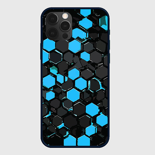 Чехол iPhone 12 Pro Сине-серые шестиугольники на чёрном фоне / 3D-Черный – фото 1