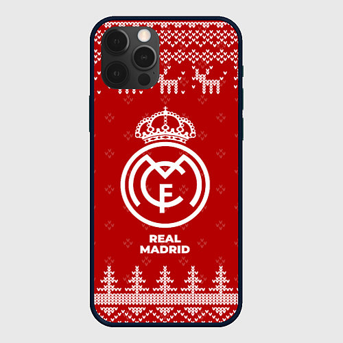 Чехол iPhone 12 Pro Новогодний Real Madrid с оленями / 3D-Черный – фото 1