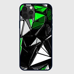 Чехол iPhone 12 Pro Зелёно-белые рельефные треугольники на чёрном фоне