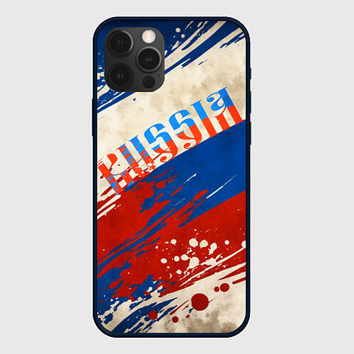 Чехол iPhone 12 Pro Надпись Россия на фоне цветов флага / 3D-Черный – фото 1
