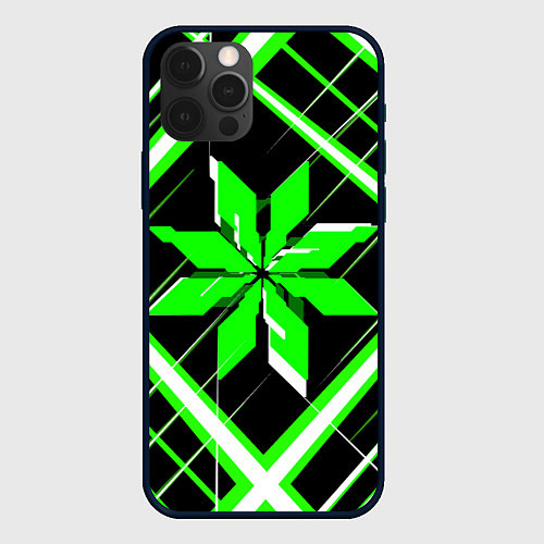 Чехол iPhone 12 Pro Зелёно-белая звезда и полосы на чёрном фоне / 3D-Черный – фото 1