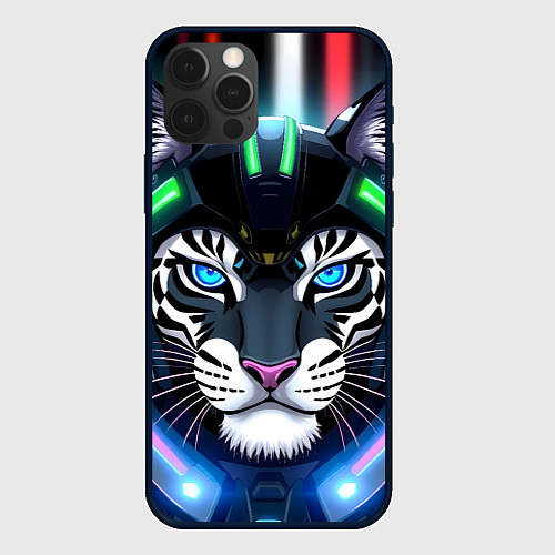 Чехол iPhone 12 Pro Яркий неоновый кибер тигр / 3D-Черный – фото 1
