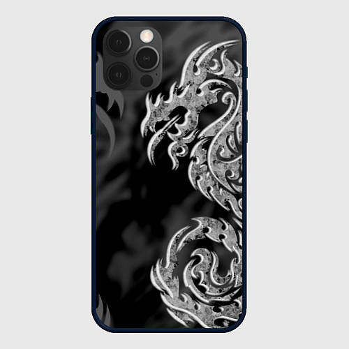 Чехол iPhone 12 Pro Серый дракон трайбл / 3D-Черный – фото 1